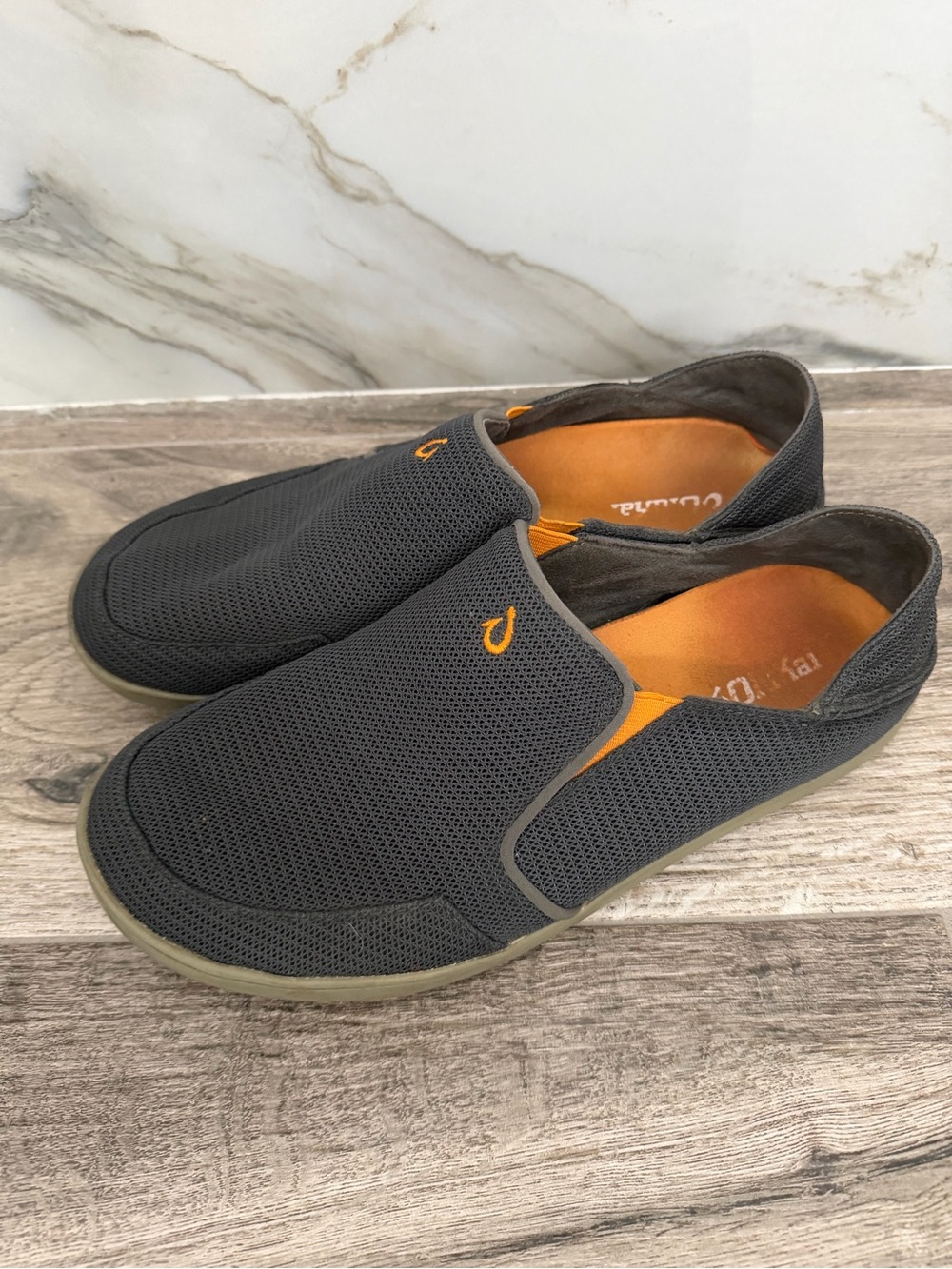 OluKai Men's Nohea Charcoal Slip-On Mesh Loafers with Orange Accents Slides 11